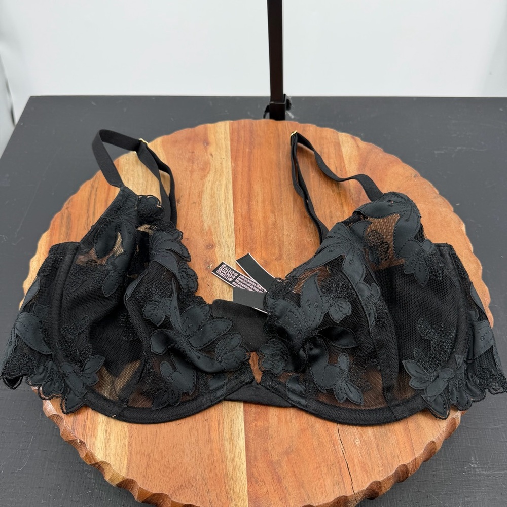 Victoria's Secret‎ Black floral Lace Unlined Plunge Bra sz 34DD